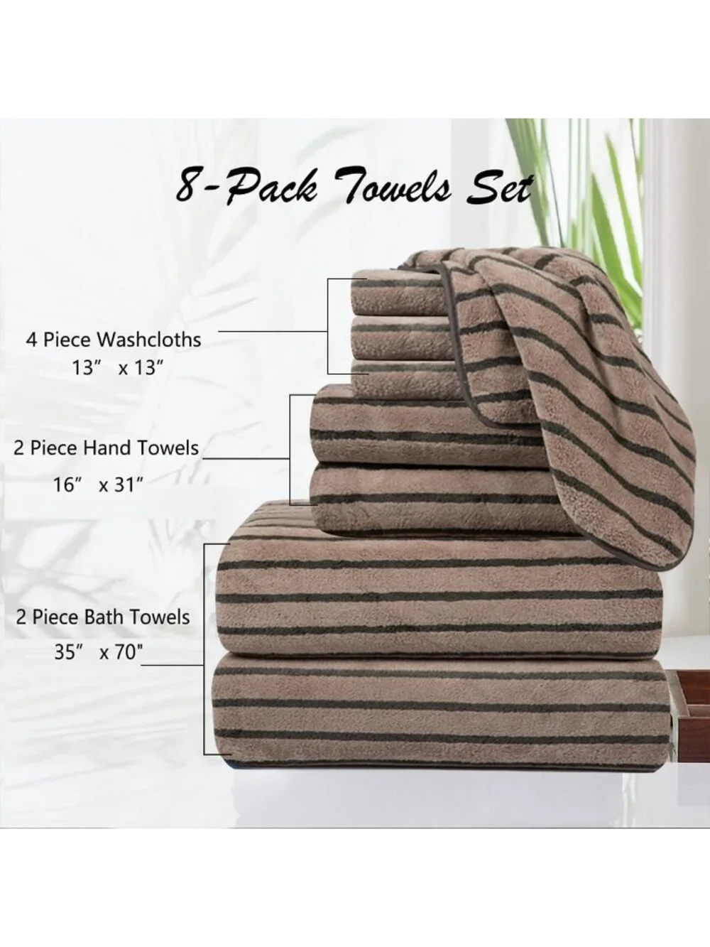 8-Piece Brown Stripe Bath Towel Set - Soft, Quick-Dry Towels for Spa, Gym